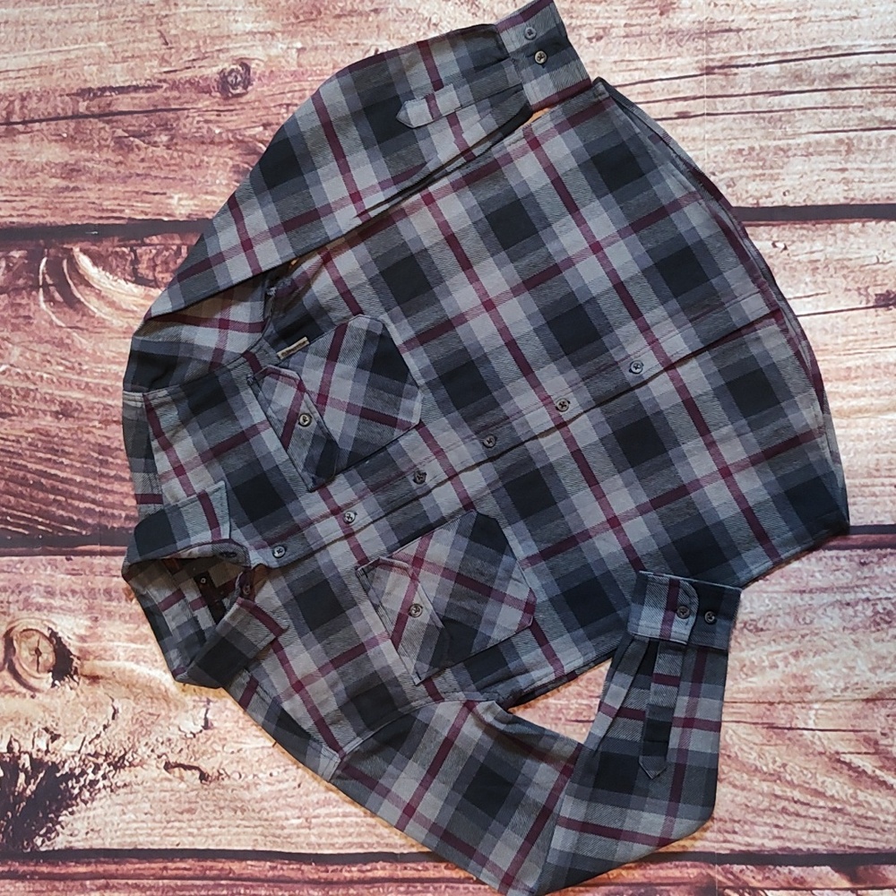 Vtg Wolverine Mens Heavy Twill Flannel Gray and Burgundy Plaid